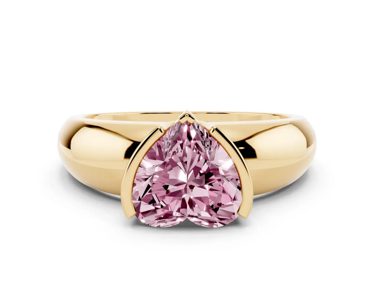 Fancy Pink Heart Cut Solitaire Tension Set Diamond Ring with Wide Band Yellow gold