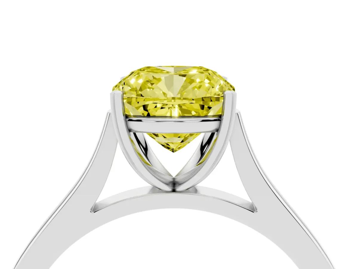 Fancy Yellow Cushion Cut Solitaire Heart Prong Engagement Ring with Tapered Band Silver
