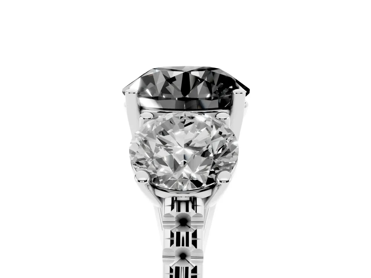 Fancy Black Three-Stone Round Cut Diamond Ring with Round Pavé Band and Prong Setting Silver