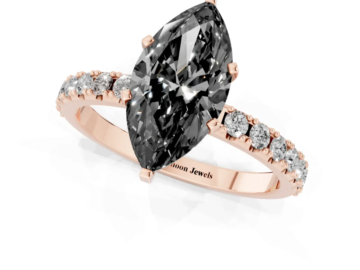 Fancy Black Marquise Cut Diamond Solitaire Pavé Band with Four-Prong Setting Rose gold