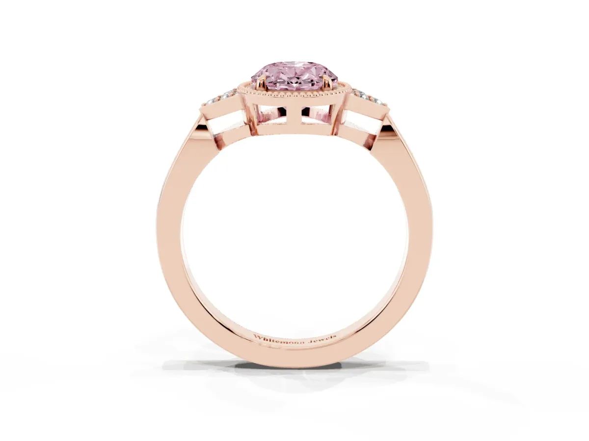 Fancy Pink Hexagonal Halo Oval Cut Diamond Solitaire with Pavé Band and Four-Prong Setting Rose gold