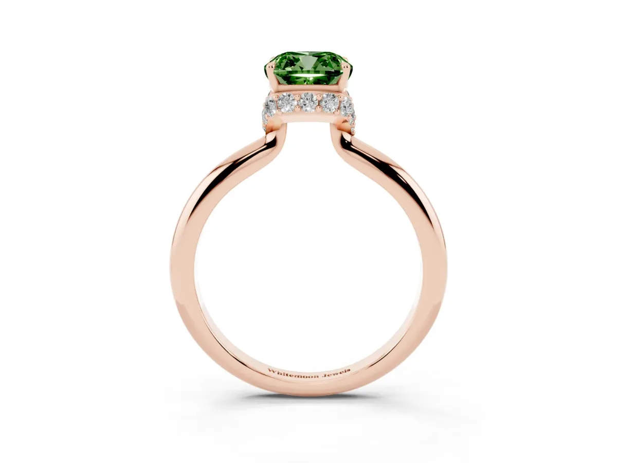Fancy Green Cushion Cut Brilliant Solitaire Engagement Ring with Six-Prong Setting and Classic Band Rose gold
