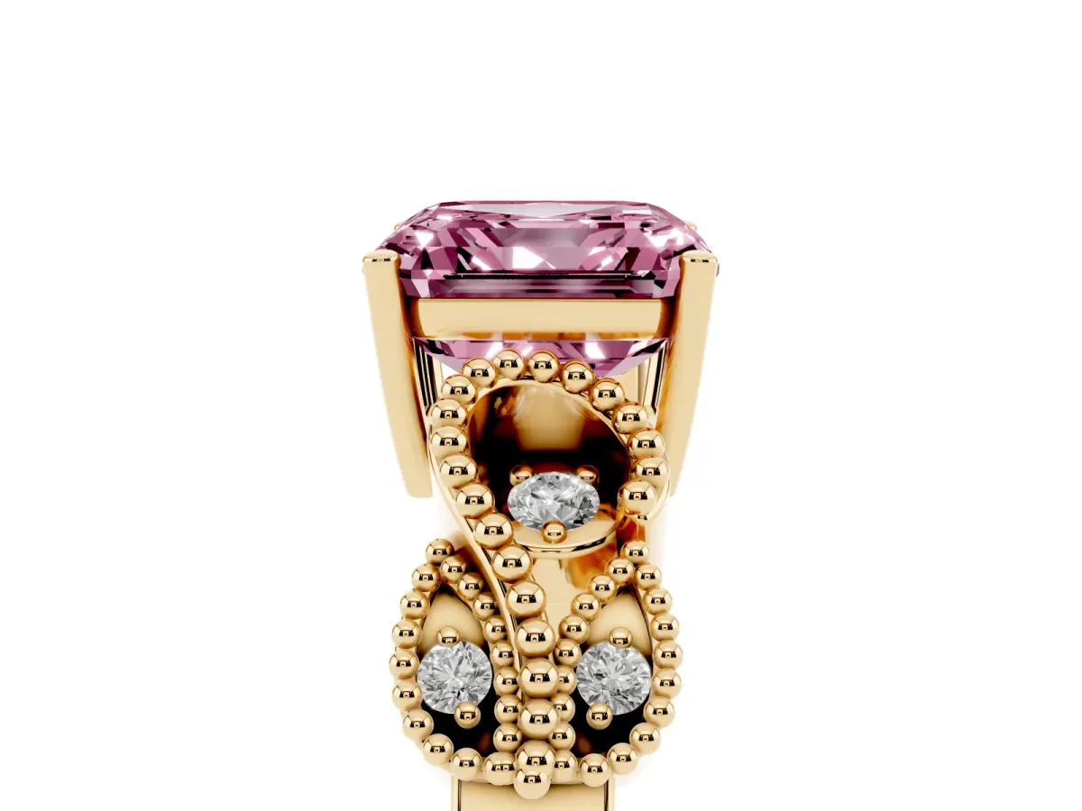 Fancy Pink Asscher Cut Solitaire Milgrain Leaf Band with Prong Setting Yellow gold