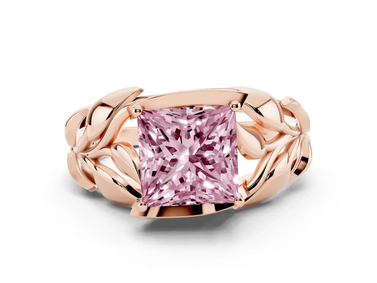 Fancy Pink Princess Cut Diamond Leaf-Inspired Engagement Ring with Round Accents and Prong Setting Rose gold