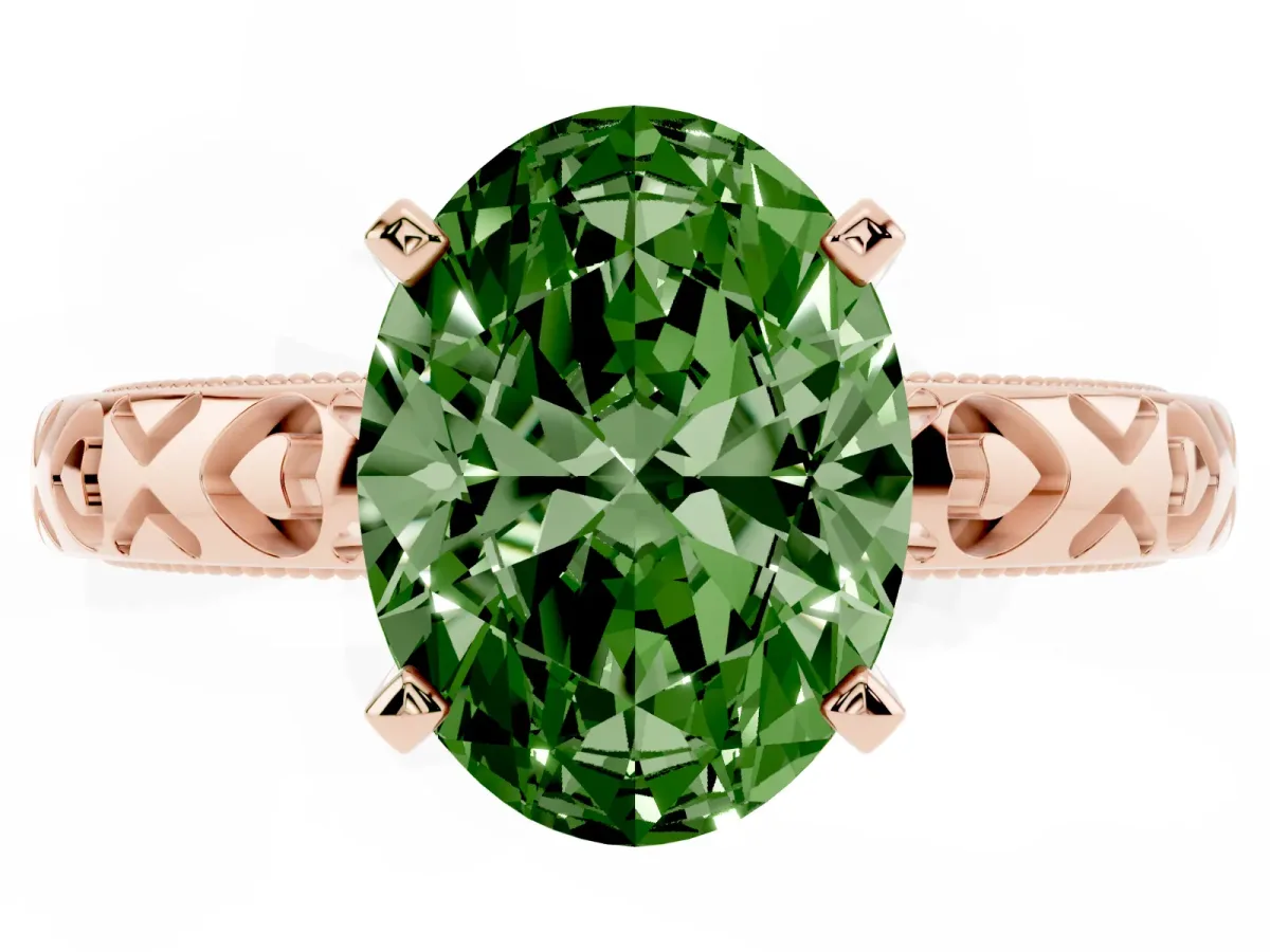 Fancy Green Oval Cut Solitaire Diamond Engagement Ring with XO Engraved Band and Four-Prong Setting Rose gold