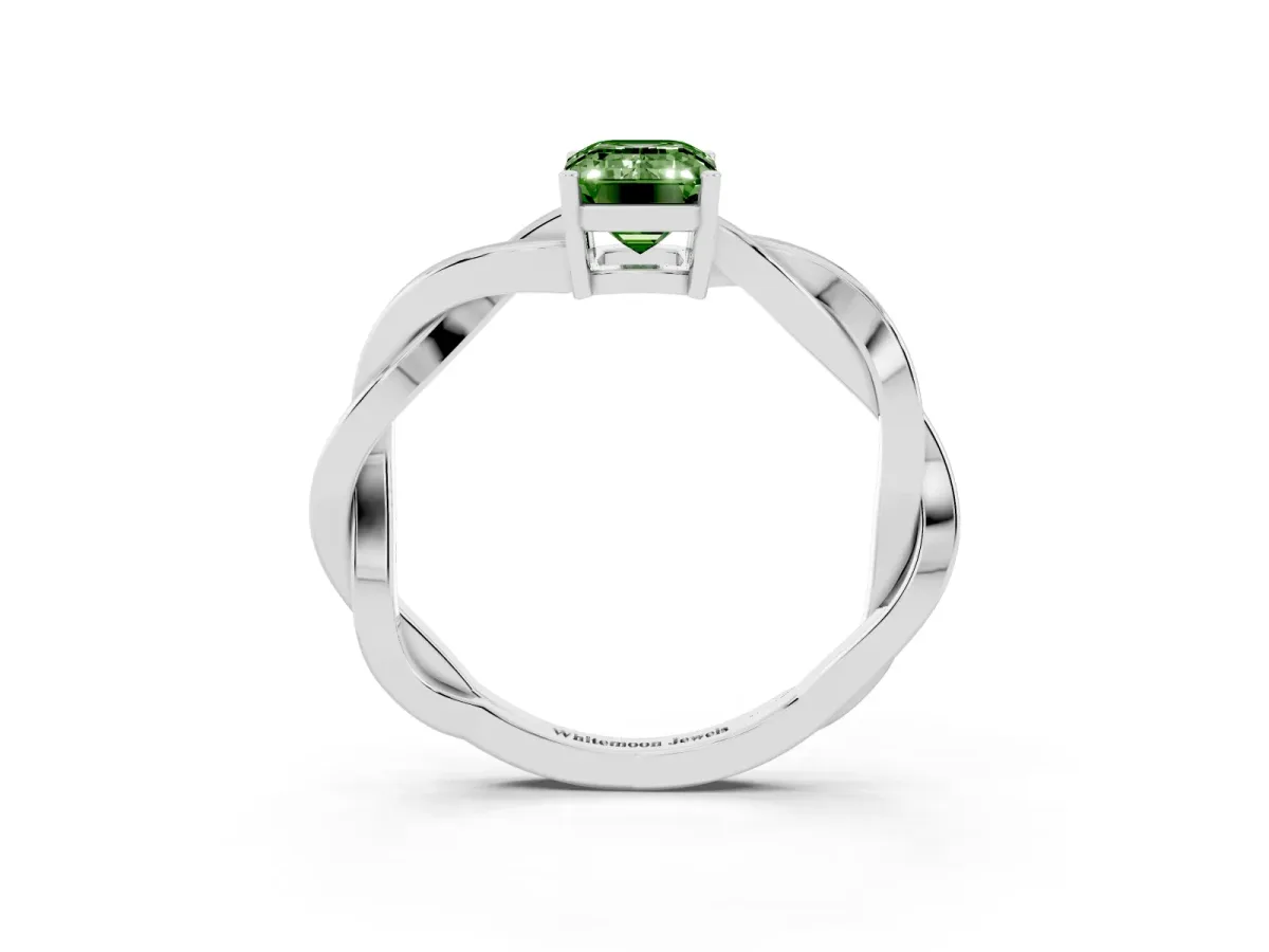 Fancy Green Emerald Cut Solitaire Twisted Pave Diamond Ring with Four-Prong Setting Platinum