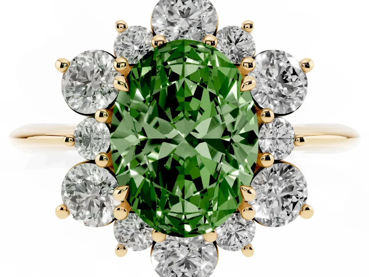 Fancy Green Oval Cut Diamond Cluster Halo Ring with Solitaire Band and Four-Prong Setting Yellow gold