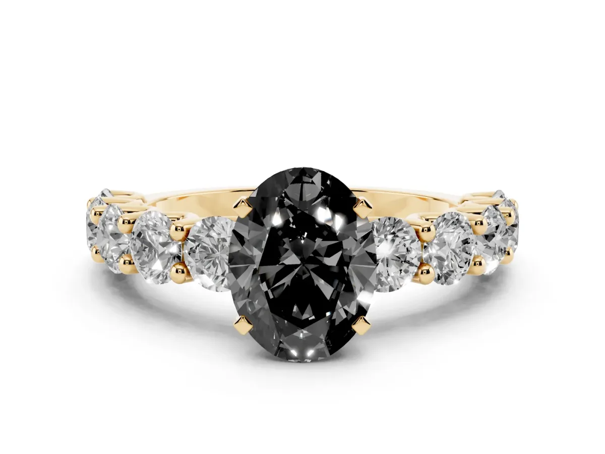 Fancy Black Oval Cut Diamond Prong Setting with Side Stones on a Pave Band Yellow gold