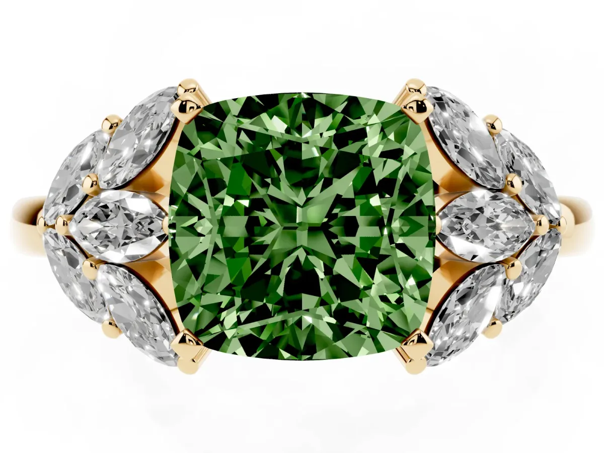 Fancy Green Cushion Cut Diamond Cluster Leaf Design Ring with Prong Setting Yellow gold