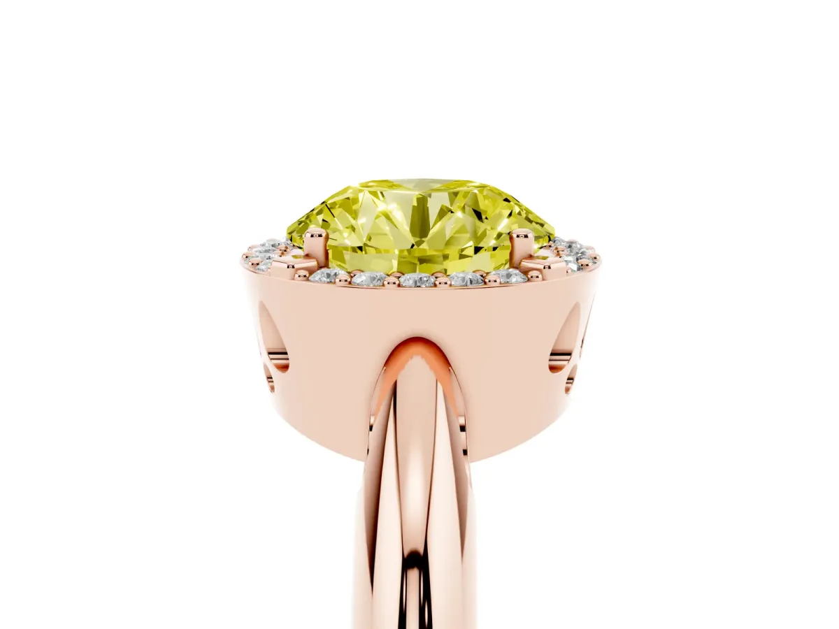 Fancy Yellow Round Cut Cut Diamond Halo Engagement Ring with Split Shank and Four-Prong Setting Rose gold
