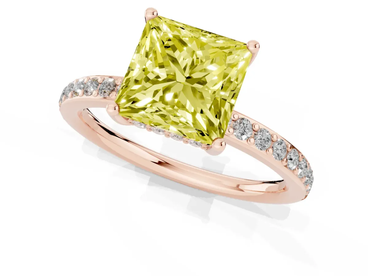 Fancy Yellow Princess Cut Cut Diamond Pavé Band Ring with Four-Prong Setting Rose gold