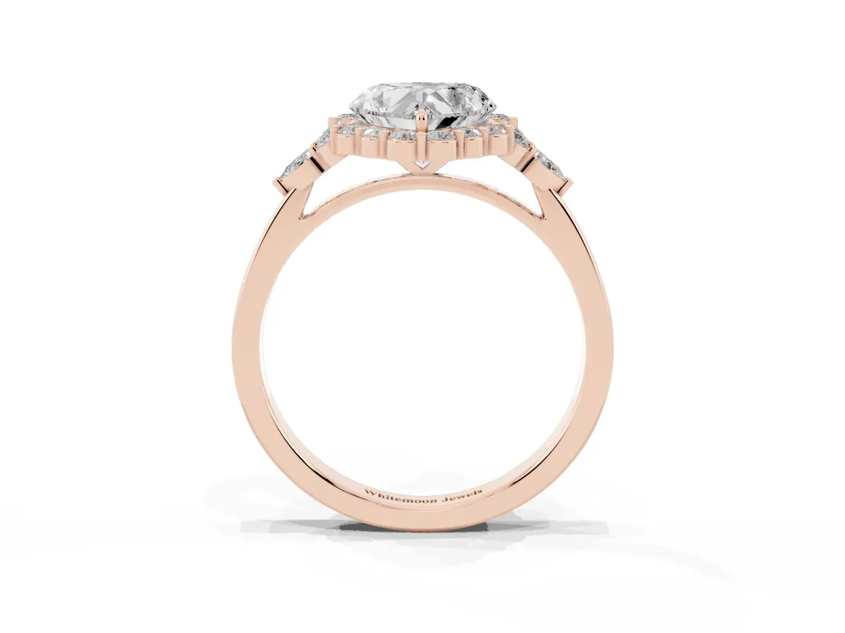 Heart Cut Diamond Halo Ring with Pear Side Stones and Prong Setting Rose gold