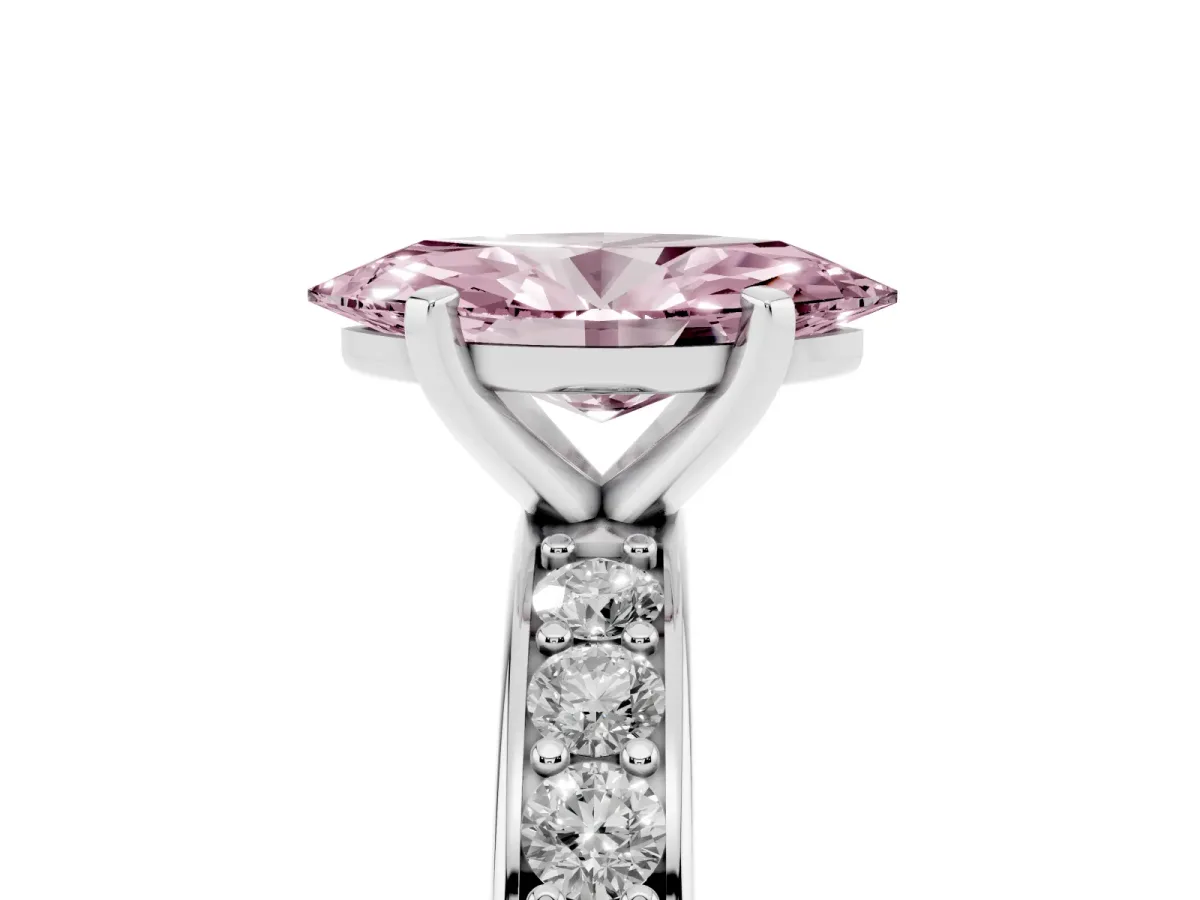 Fancy Pink Marquise Cut Diamond Engagement Ring with Channel Set Round Band and Prong Setting White gold