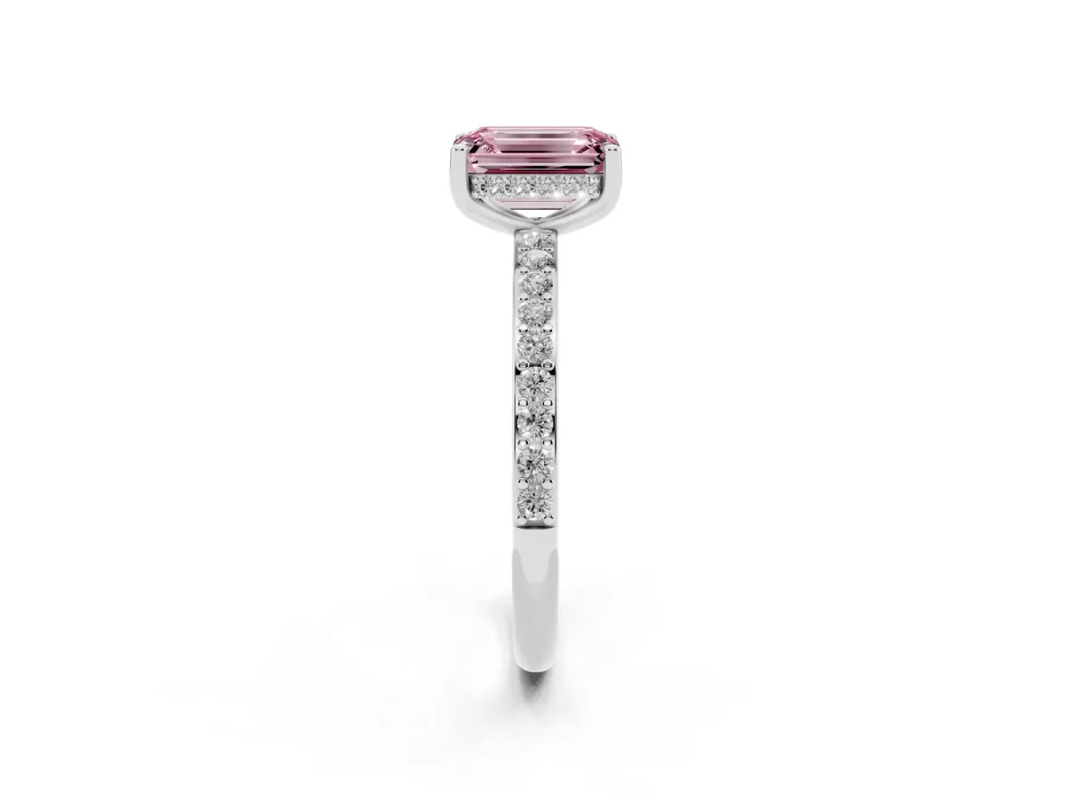 Fancy Pink Emerald Cut Cut Diamond Pavé Band Ring with Four-Prong Setting Silver