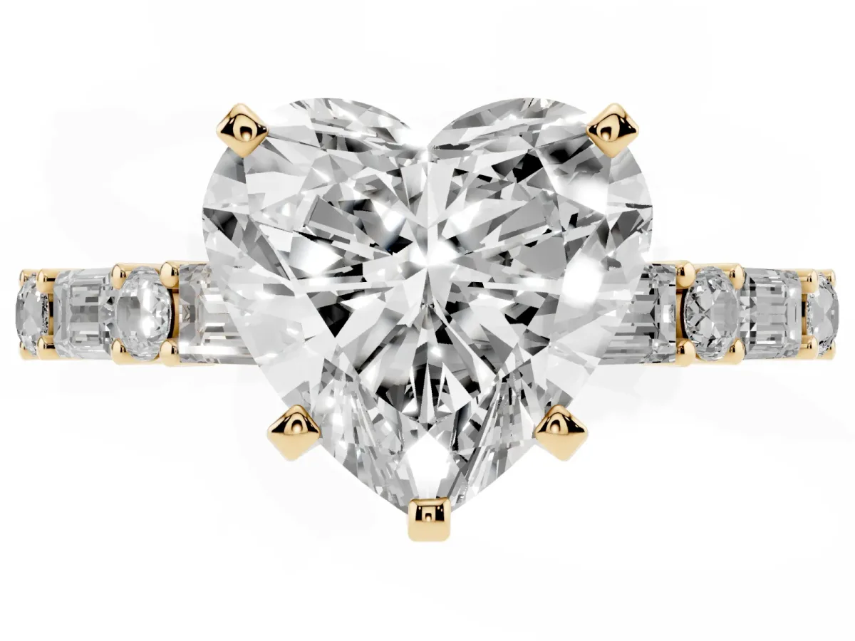 Heart Cut Diamond Solitaire with Side Baguettes and Channel Set Band Yellow gold