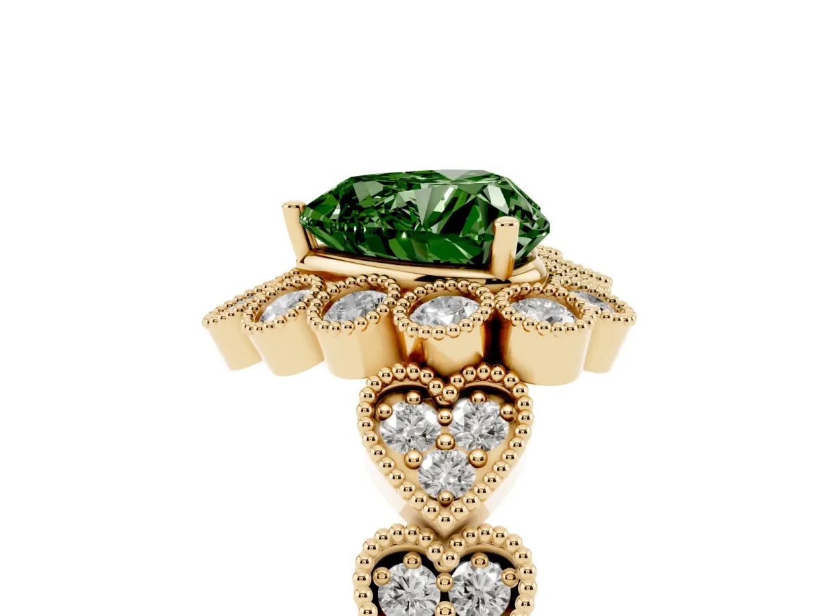 Fancy Green Heart Cut Brilliant Milgrain Pave Heart Band Solitaire Ring Yellow gold