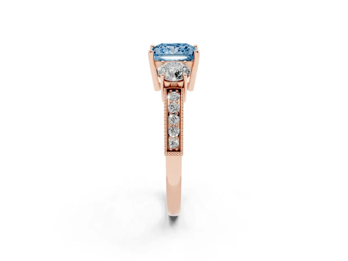 Fancy Blue Princess Cut Three-Stone Diamond Ring with Pavé Band and Four-Prong Setting Rose gold