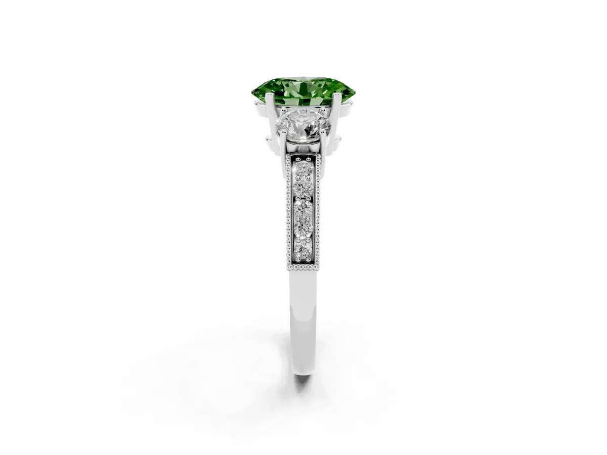 Fancy Green Oval Cut Three-Stone Diamond Ring with Pavé Band and Four-Prong Setting Silver