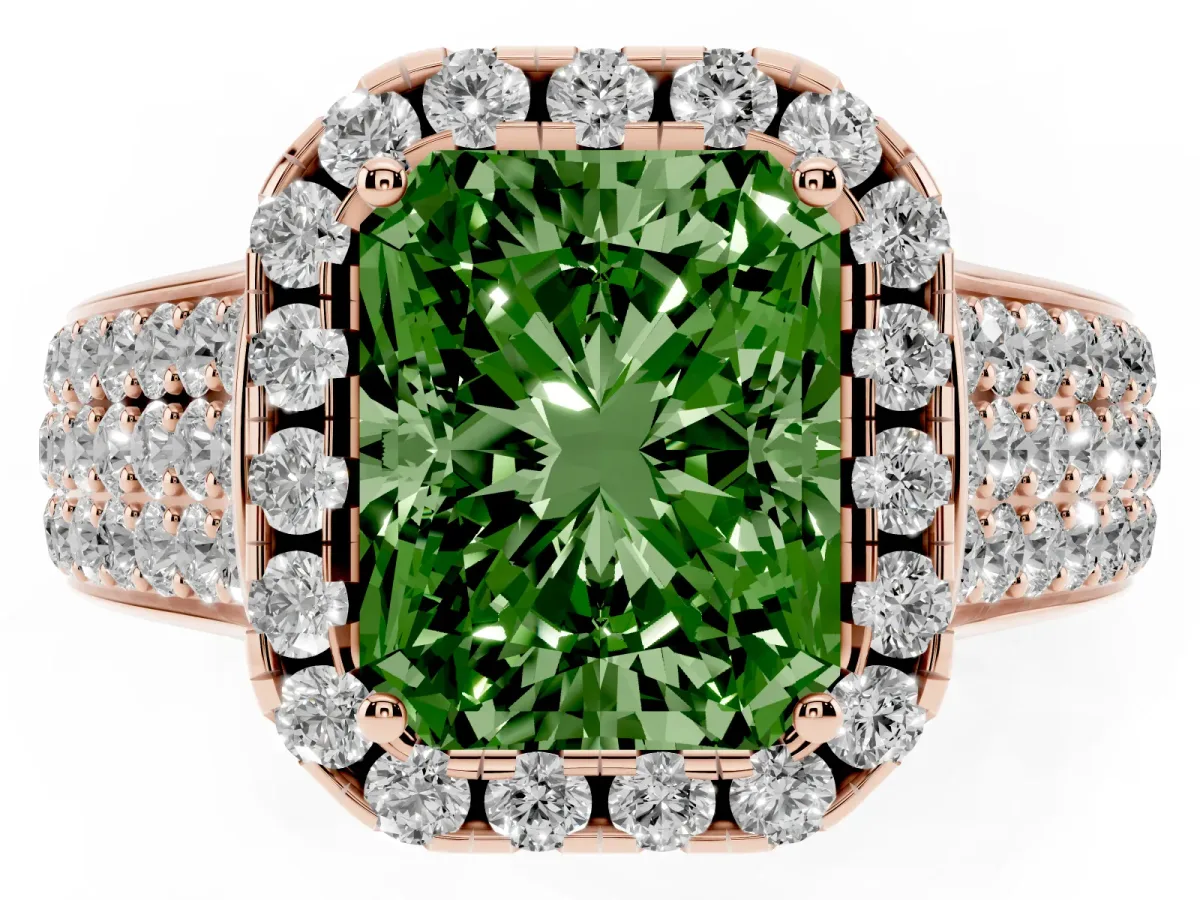 Fancy Green Radiant Cut Halo Round Diamond Pave Band with Prong Setting Rose gold