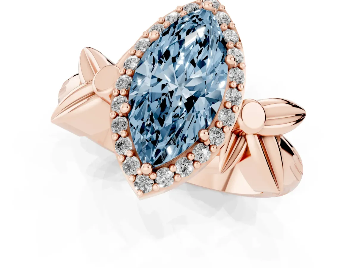 Fancy Blue Marquise Cut Halo Diamond Floral Band with Four-Prong Setting Rose gold