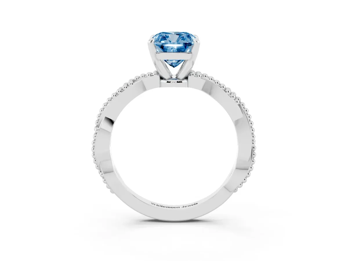 Fancy Blue Cushion Cut Solitaire Twisted Band with Bead Prong Setting Silver