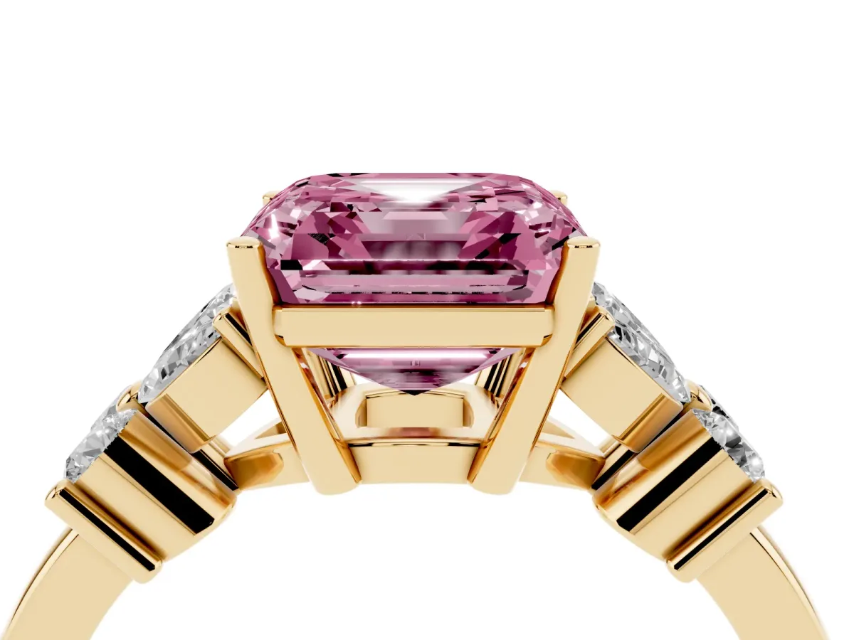Fancy Pink Asscher Cut Diamond Floral Cluster Ring with Solitaire Band and Prong Setting Yellow gold