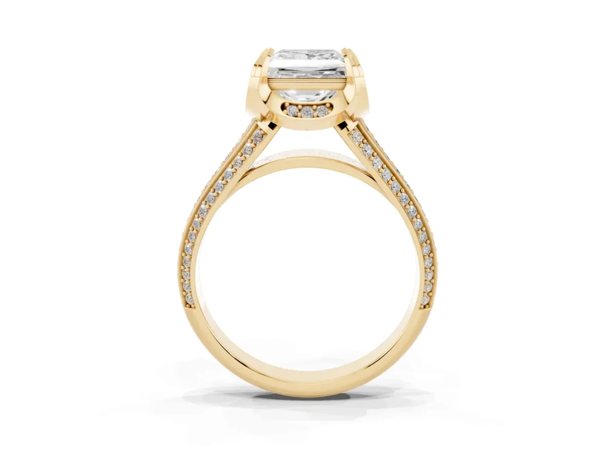Princess Cut Solitaire Pave Split Shank Ring with Four-Prong Setting Yellow gold