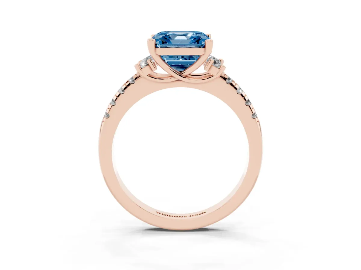 Fancy Blue Asscher Cut Diamond Three-Stone Pave Band with Four-Prong Setting Rose gold