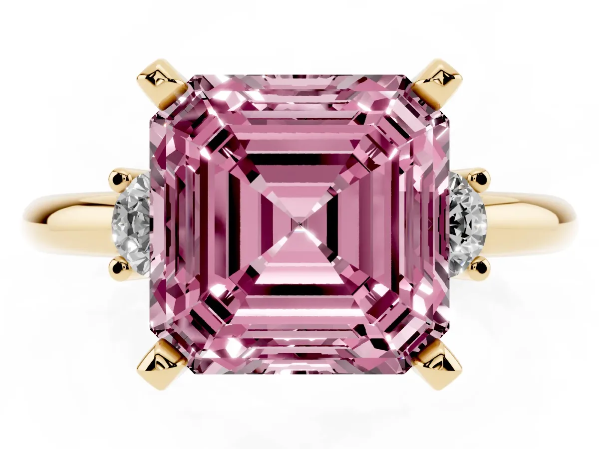 Fancy Pink Three-Stone Asscher Cut Cut Diamond Solitaire with Prong Setting and Classic Band Yellow gold