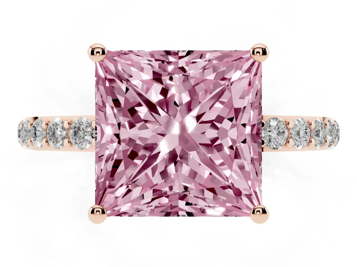 Fancy Pink Princess Cut Diamond Solitaire Ring with Round Pavé Shoulders and Prong Setting Rose gold