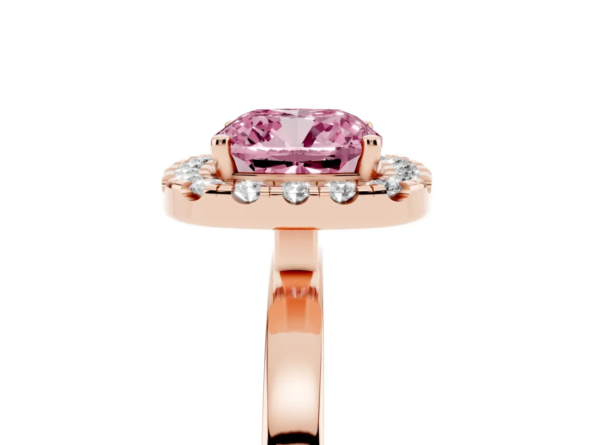 Fancy Pink Cushion Cut Halo Diamond Solitaire with Pavé Band and Four-Prong Setting Rose gold