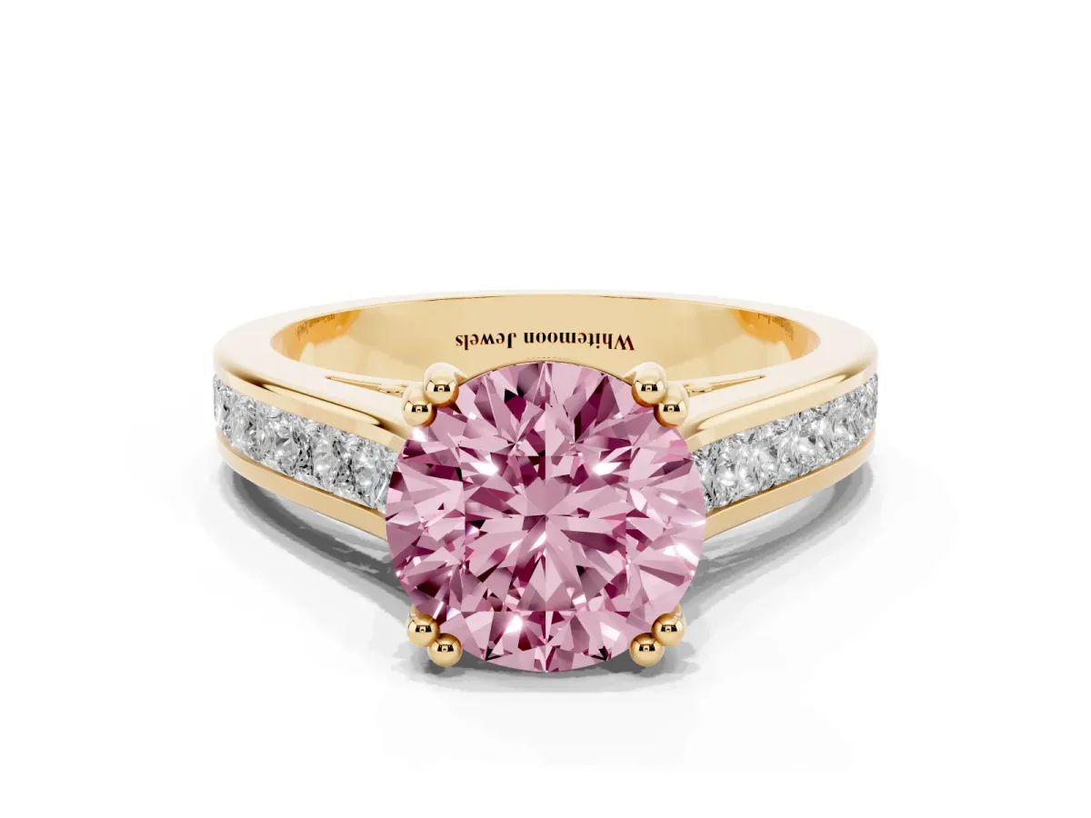 Fancy Pink Round Cut Cut Channel Set Solitaire Engagement Ring with Prong Setting Yellow gold