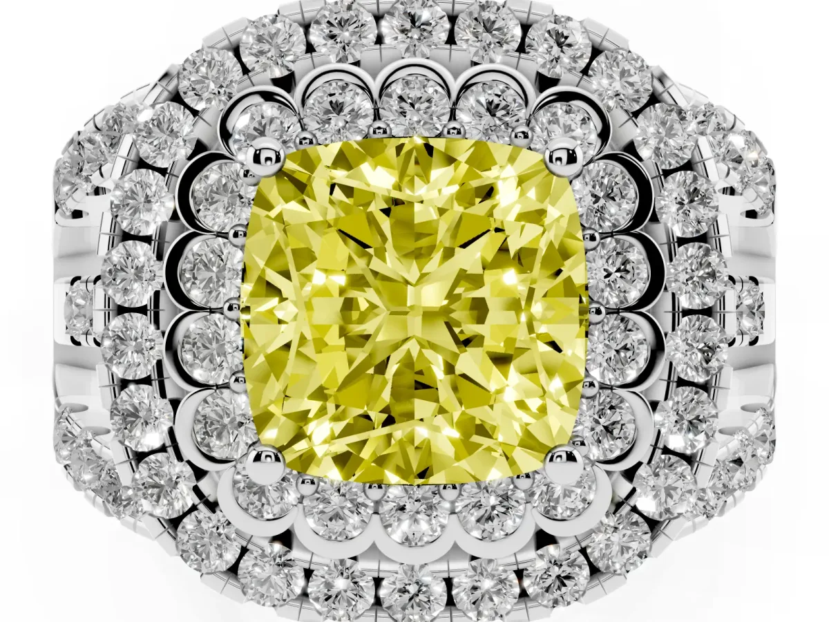 Fancy Yellow Cushion Cut Diamond Double Halo Ring with Round Pavé Split Shank and Prong Setting Silver
