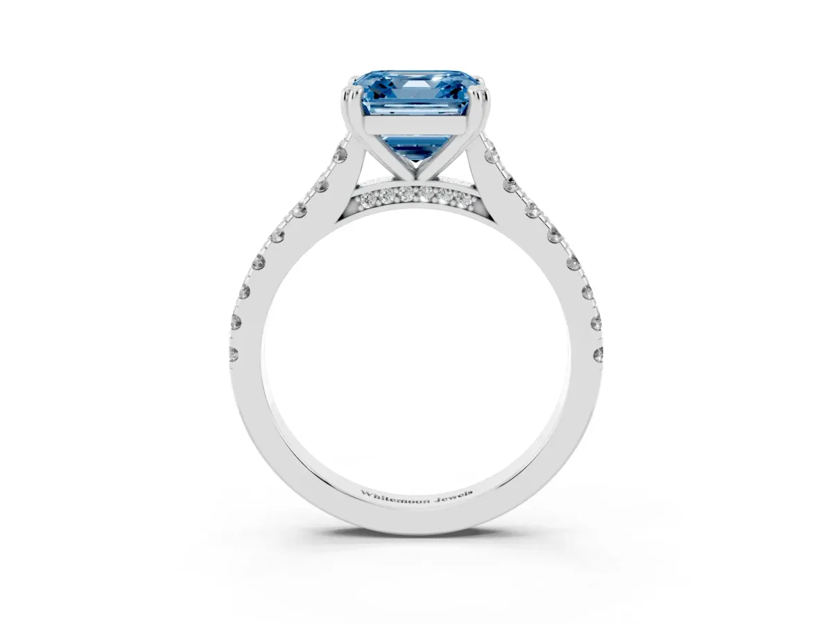 Fancy Blue Asscher Cut Solitaire Pave Diamond Engagement Ring with Prong Setting Silver