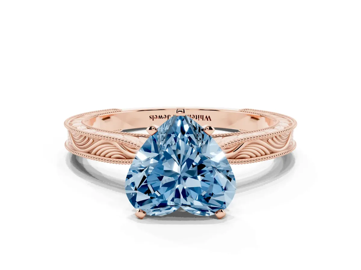Fancy Blue Heart Cut Solitaire Milgrain Engraved Band with Four-Prong Setting Rose gold