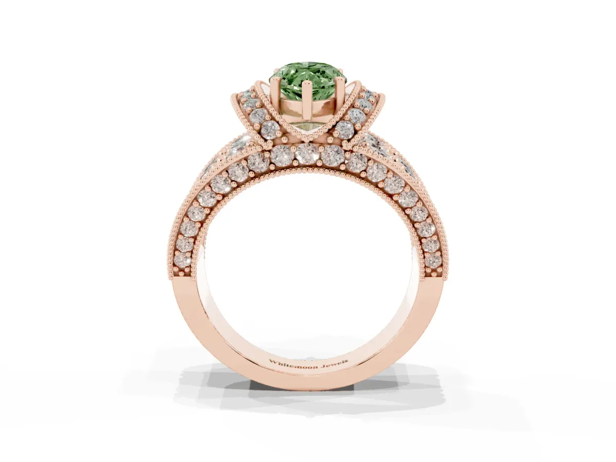Fancy Green Marquise Cut Halo Pave Diamond Engagement Ring with Milgrain Detailing Rose gold