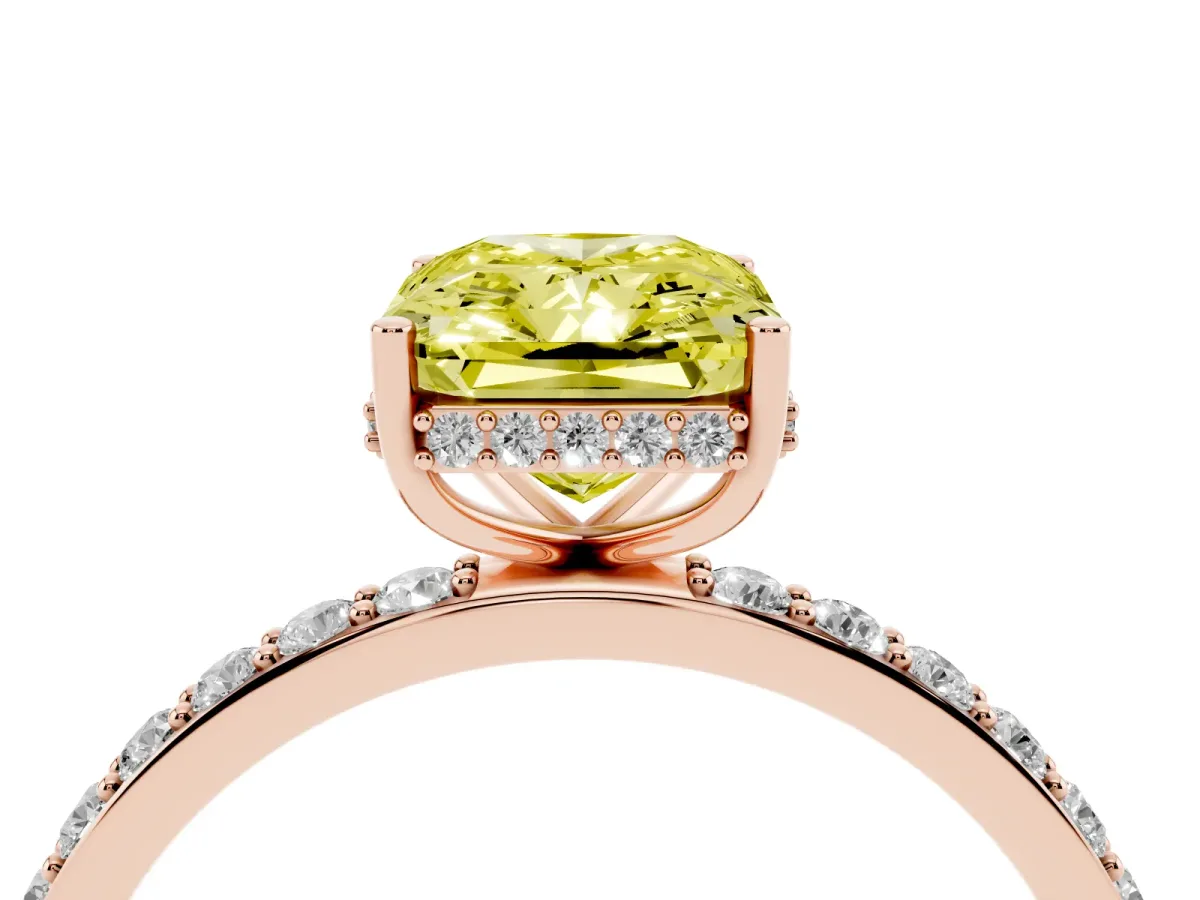 Fancy Yellow Radiant Cut Diamond Solitaire Ring with Pavé Band and Hidden Halo Rose gold