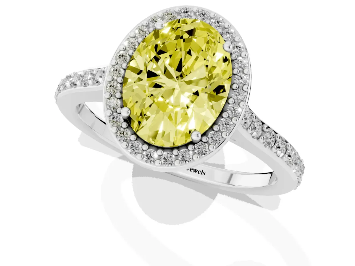 Fancy Yellow Oval Cut Diamond Halo Engagement Ring with Round Pavé Shoulders and Prong Setting White gold