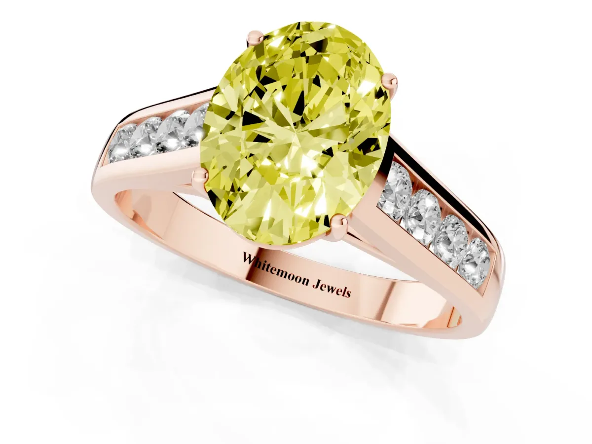 Fancy Yellow Oval Cut Brilliant Channel-Set Solitaire Ring with Four-Prong Setting Rose gold