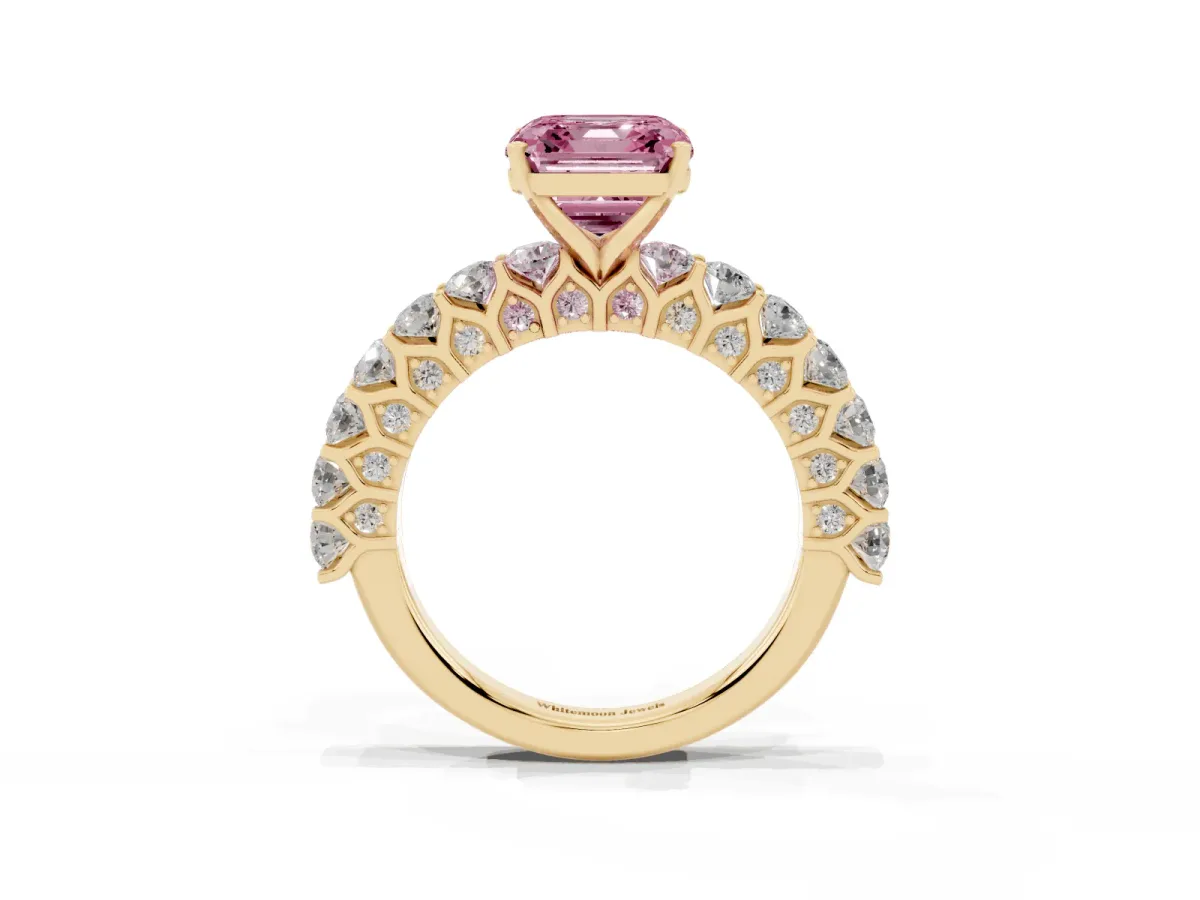 Fancy Pink Asscher Cut Diamond Solitaire Ring with Shared Prong Pavé Band and Four-Prong Setting Yellow gold