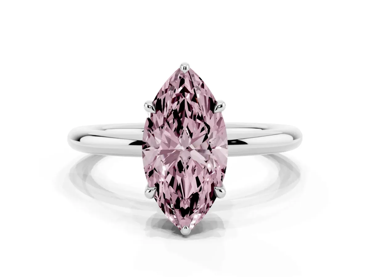 Fancy Pink Marquise Cut Diamond Solitaire Ring with Thin Band and Four-Prong Setting Silver