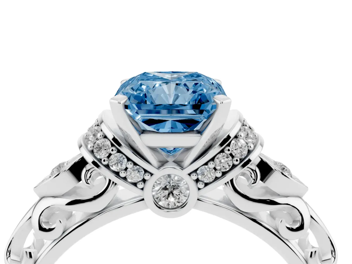 Fancy Blue Radiant Cut Diamond Solitaire Ring with Filigree Band and Four-Prong Setting Silver