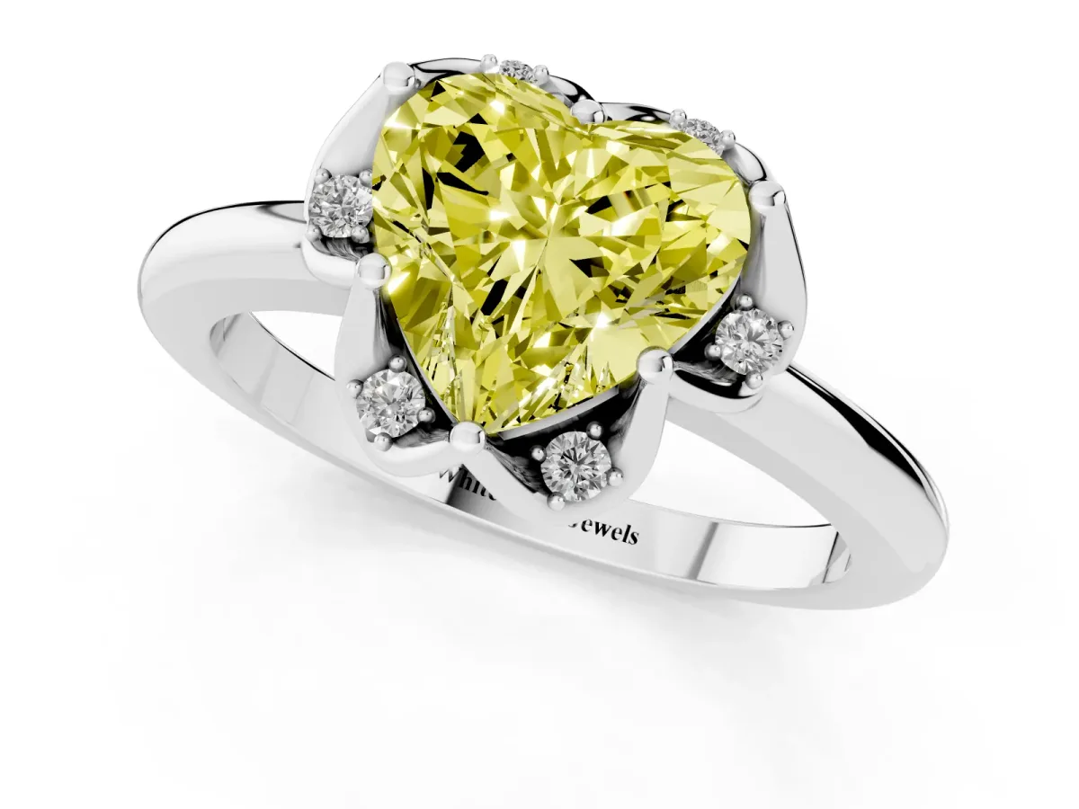 Fancy Yellow Heart Cut Halo Diamond Ring with Round Cluster Setting, Solitaire Band, and Four-Prong Setting White gold