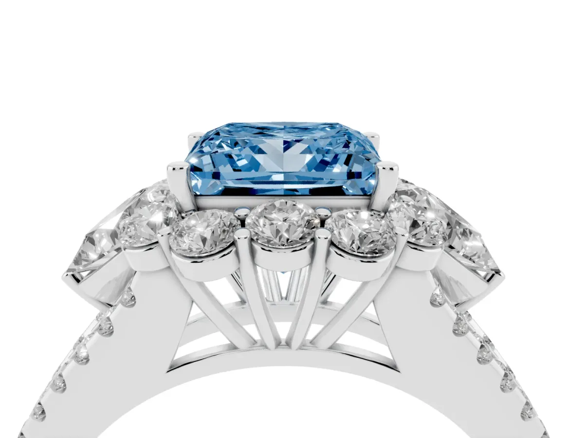 Fancy Blue Princess Cut Halo Split Shank Diamond Engagement Ring with Prong Setting Silver