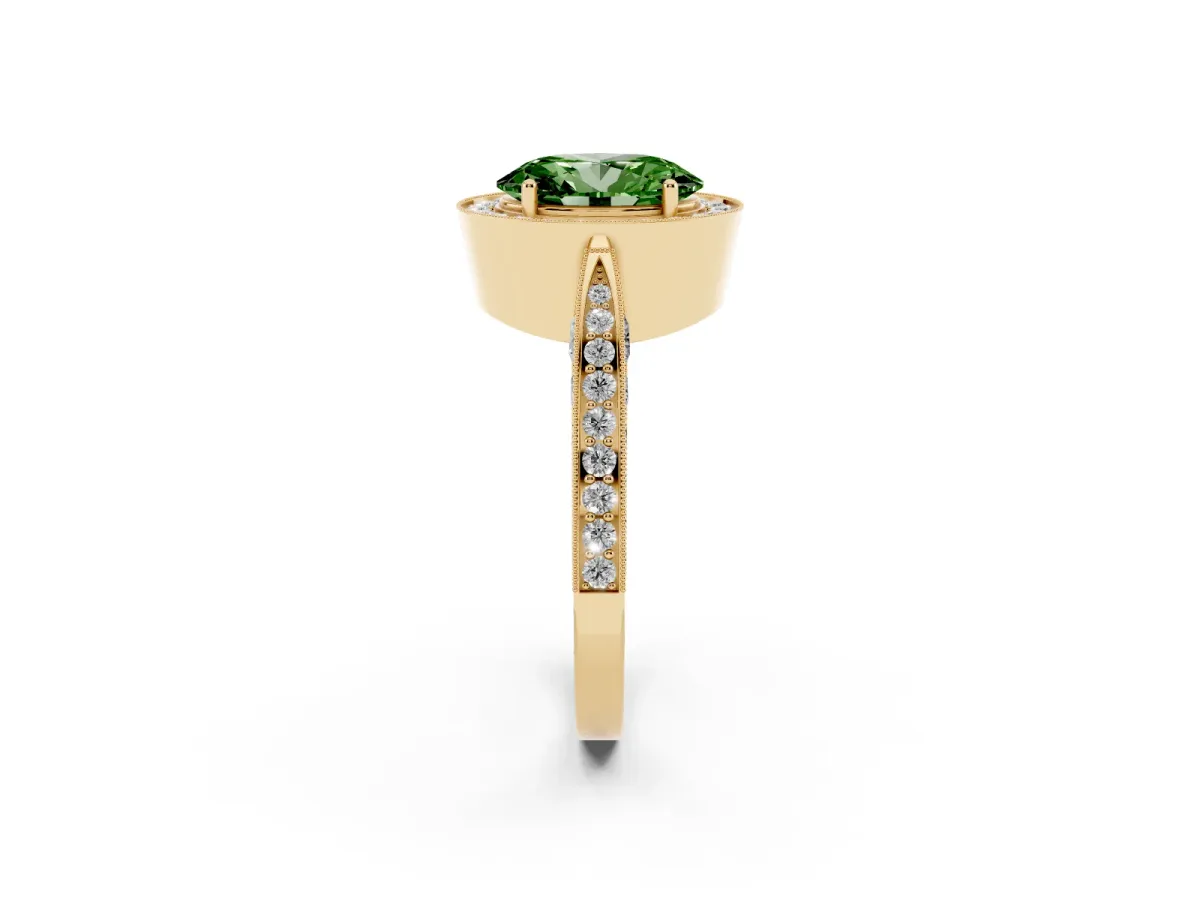 Fancy Green Oval Cut Halo Diamond Engagement Ring with Split Shank Band and Four-Prong Setting Yellow gold