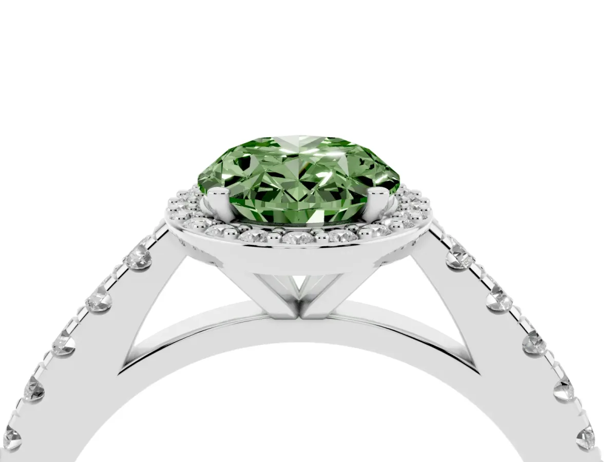 Fancy Green Oval Cut Cut Halo Diamond Engagement Ring with Pave Band and Four-Prong Setting Platinum