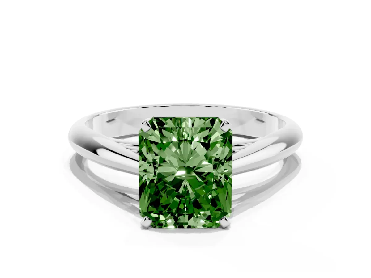 Fancy Green Radiant Cut Diamond Solitaire Engagement Ring with Cathedral Setting and Four-Prong Mount Silver