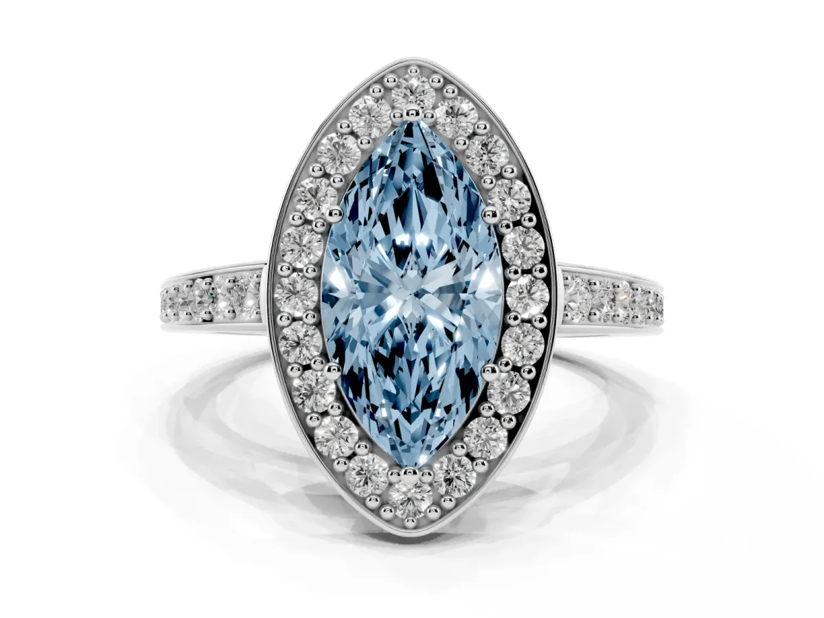 Fancy Blue Marquise Cut Halo Pavé Diamond Engagement Ring with Bezel Setting Silver