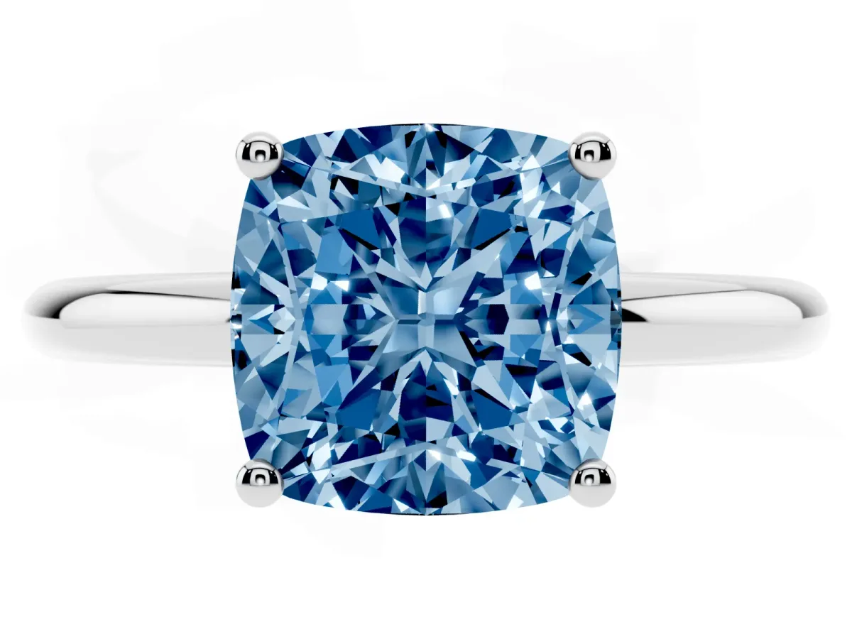 Fancy Blue Cushion Cut Cut Solitaire Engagement Ring with Four-Prong Setting and Classic Band White gold