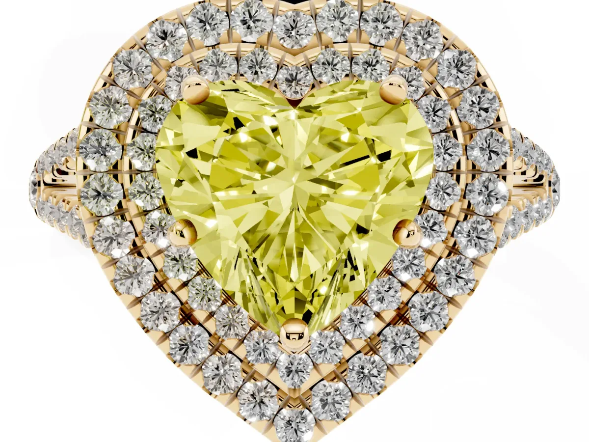 Fancy Yellow Heart Cut Diamond Double Halo Ring with Pavé Band and Prong Setting Yellow gold